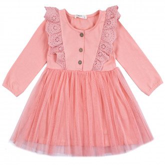 Детска рокля с къдрички от дантела в цвят праскова 1
